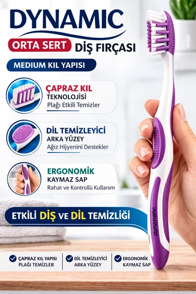 Orta Sert Fırçası Medium Çapraz Kıl Yapılı Dil Temizleyicili Ergonomik Fırçası 1 Adet ürün görseli 1