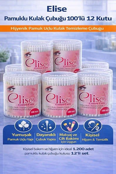 Elise Pamuklu Kulak Çubuğu 100'Lü 12 Kutu Toplam 1200 Adet Pamuk Uçlu Kulak Temizleme Çubuğu Seti ürün görseli 1