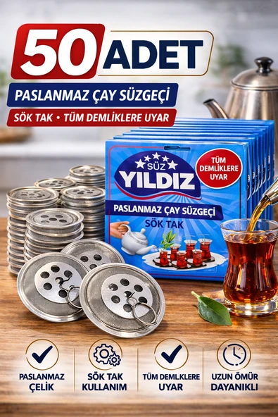 50 Adet Paslanmaz Çelik Çaydanlık Demlik Süzgeci Sök Tak Çay Süzgeci Tüm Demliklere Uyumlu Çaydanlık Filtresi ürün görseli 1
