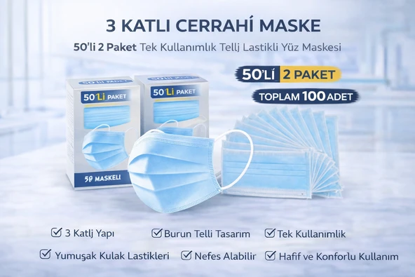 3 Katlı Cerrahi Maske 50'Li 2 Paket Tek Kullanımlık Telli Lastikli Yüz Maskesi Toplam 100 Adet ürün görseli 1