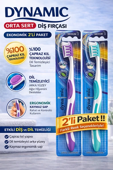 Orta Sert Fırçası 2 Adet Medium Çapraz Kıl Teknolojili Dil Temizleyicili Ergonomik Saplı Fırçası ürün görseli 1
