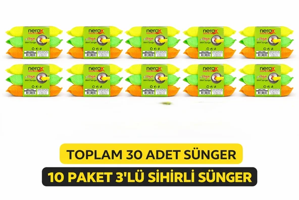 Nerox Magic Sihirli Sünger 3'Lü 10 Paket Toplam 30 Adet Çok Amaçlı Temizlik Süngeri Mutfak Bulaşık Banyo Temizlik Süngeri ürün görseli 1
