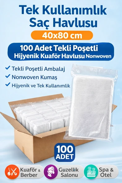 Tek Kullanımlık Saç Havlusu 40X80 Cm 100 Adet Tekli Poşetli Hijyenik Kuaför Havlusu Nonwoven ürün görseli 1