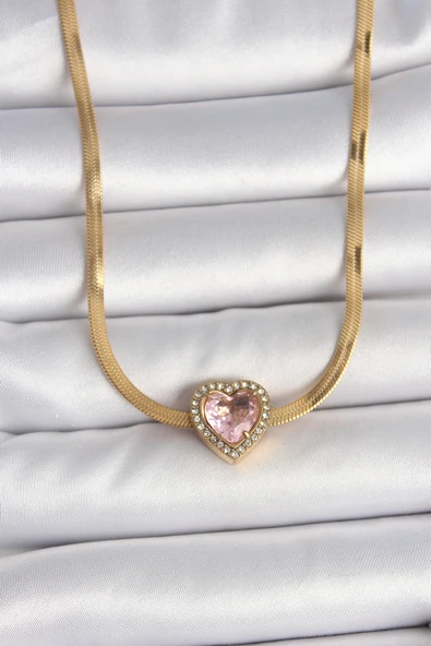 316L Çelik Gold Renk İtalyan Zincir Pembe Zirkon Taşlı Model Kadın Kolye ürün görseli 1