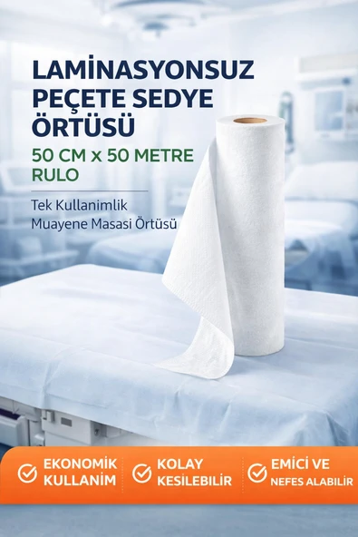 Laminasyonsuz Peçete Sedye Örtüsü 50 Cm X 50 Metre Rulo Tek Kullanımlık Muayene Masası Örtüsü 1 Adet ürün görseli 1