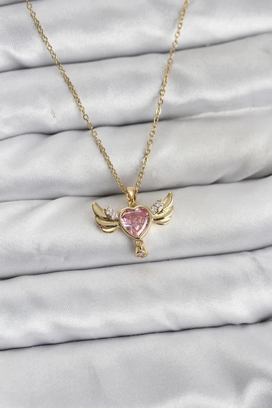 316L Çelik Zincir Gold Renk Kanatlı Model Zirkon Taşlı Kadın Kolye ürün görseli 1