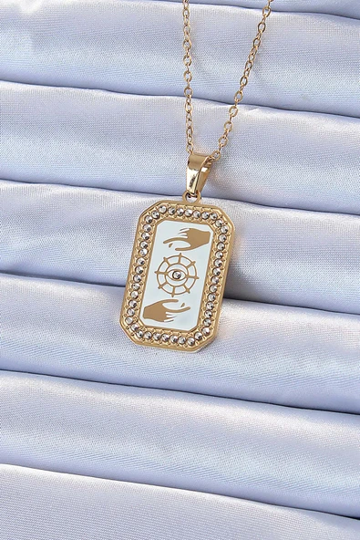 316L Çelik Zincir Altın Renk Mineli Zirkon Taşlı Göz Figür Tarot Kolye ürün görseli 1