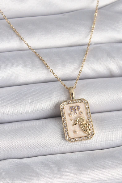 316L Çelik Gold Renk Zincir Koç Burcu Zirkon Taşlı Kadın Kolye ürün görseli 1