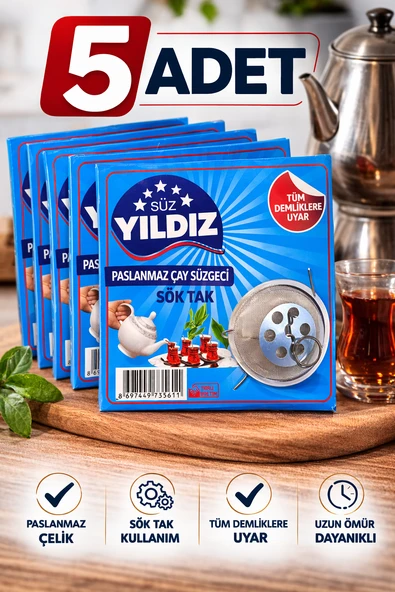 5 Adet Paslanmaz Çelik Çaydanlık Demlik Süzgeci Sök Tak Çay Süzgeci Tüm Demliklere Uyumlu Çaydanlık Filtresi ürün görseli 1