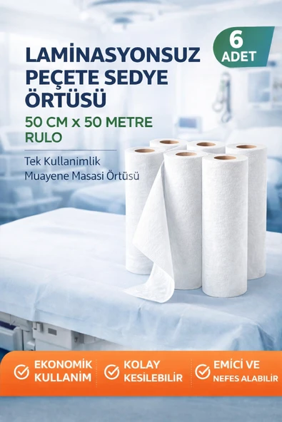 Laminasyonsuz Peçete Sedye Örtüsü 50 Cm X 50 Metre Rulo Tek Kullanımlık Muayene Masası Örtüsü 6 Adet ürün görseli 1