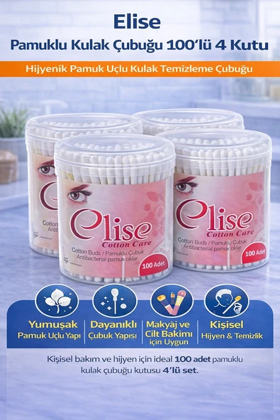 Elise Pamuklu Kulak Çubuğu 100'Lü 4 Kutu Toplam 400 Adet Pamuk Uçlu Kulak Temizleme Çubuğu ürün görseli 1