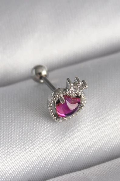 316L Çelik Gümüş Renk Pembe Mineli Zirkon Taş Detaylı Taç Tragus Piercing ürün görseli 1