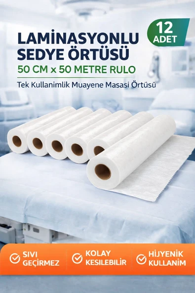 Laminasyonlu Sedye Örtüsü 50 Cm X 50 Metre Rulo Tek Kullanımlık Muayene Masası Örtüsü 12 Adet ürün görseli 1