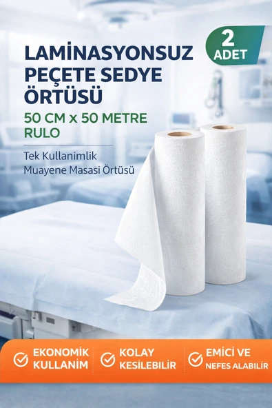 Laminasyonsuz Peçete Sedye Örtüsü 50 Cm X 50 Metre Rulo Tek Kullanımlık Muayene Masası Örtüsü 2 Adet ürün görseli 1