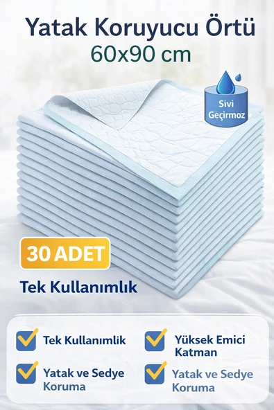Yatak Koruyucu Örtü 60X90 Cm 30 Adet Tek Kullanımlık Sıvı Geçirmez Hasta Altı Bezi ürün görseli 1