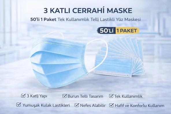 3 Katlı Cerrahi Maske 50'Li 1 Paket Tek Kullanımlık Telli Lastikli Yüz Maskesi ürün görseli 1