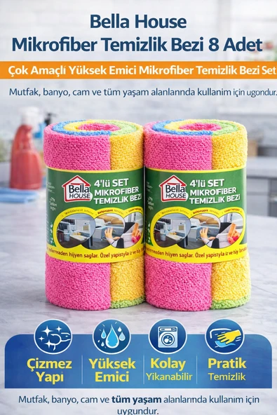 House Mikrofiber Temizlik Bezi 8 Adet (4'Lü 2 Rulo) Çok Amaçlı Yüksek Emici Mikrofiber Temizlik Bezi Seti ürün görseli 1