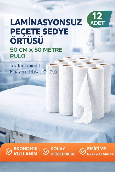 Laminasyonsuz Peçete Sedye Örtüsü 50 Cm X 50 Metre Rulo Tek Kullanımlık Muayene Masası Örtüsü 12 Adet ürün görseli 1