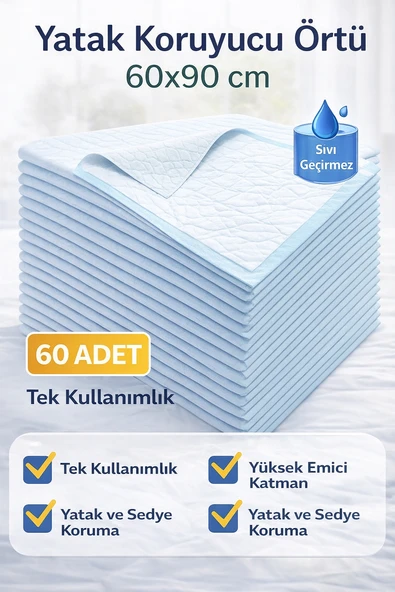 Yatak Koruyucu Örtü 60X90 Cm 60 Adet Tek Kullanımlık Sıvı Geçirmez Hasta Altı Bezi ürün görseli 1