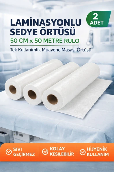 Laminasyonlu Sedye Örtüsü 50 Cm X 50 Metre Rulo Tek Kullanımlık Muayene Masası Örtüsü 2 Adet ürün görseli 1