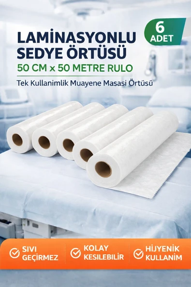 Laminasyonlu Sedye Örtüsü 50 Cm X 50 Metre Rulo Tek Kullanımlık Muayene Masası Örtüsü 6 Adet ürün görseli 1