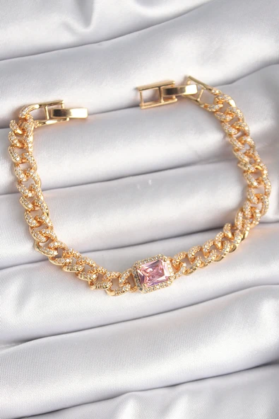 Pirinç Gold Renk Pembe Kare Zirkon Taşlı Vip Seri Kadın Bileklik ürün görseli 1