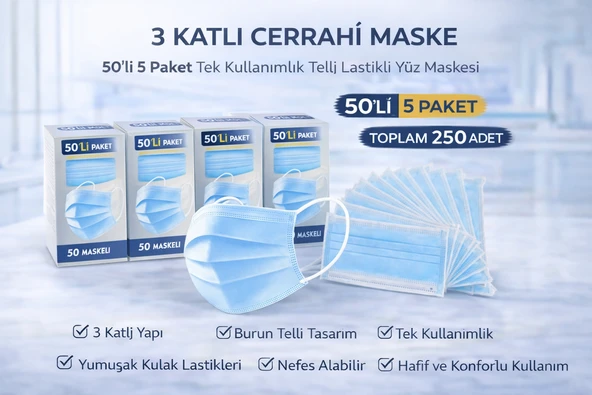 3 Katlı Cerrahi Maske 50'Li 5 Paket Tek Kullanımlık Telli Lastikli Yüz Maskesi Toplam 250 Adet ürün görseli 1