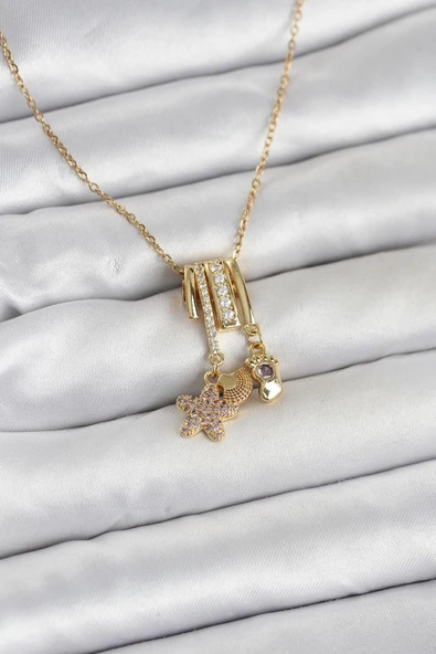 316L Çelik Gold Zirkon Taşlı Deniz Tema Charmlı Kadın Kolye ürün görseli 1