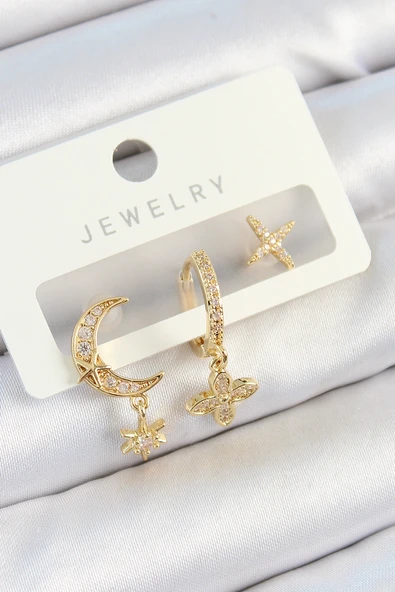 Pirinç Zirkon Taşlı Çiçek Ay Model Gold Renk 3'Lü Çift Kadın Küpe Set ürün görseli 1