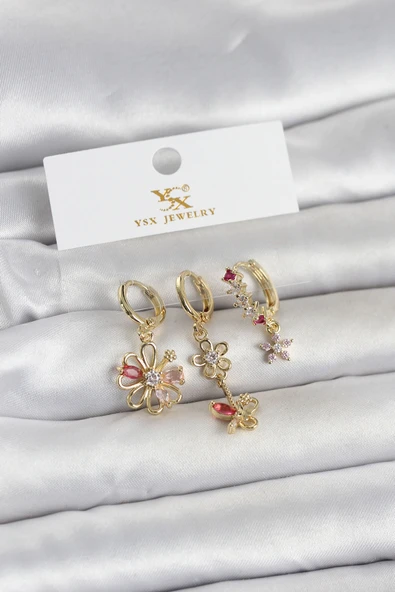 Pirinç Gold Renk Çiçek Model 3'Lü Kadın Küpe ürün görseli 1