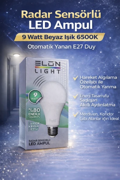 Radar Sensörlü Led Ampul 9 Watt Beyaz Işık 6500K Otomatik Yanan E27 Duy ürün görseli 1