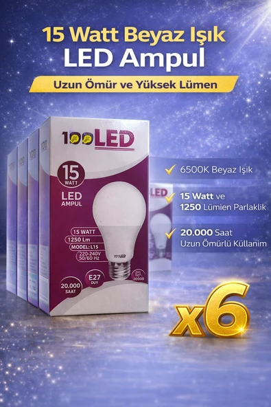 Led Ampul 15 Watt Beyaz Işık 6500K Yüksek Lümen E27 Duy Uzun Ömürlü 6 Adet ürün görseli 1