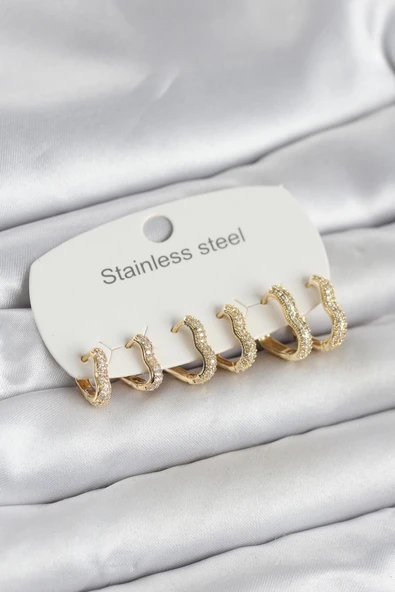 316L Çelik Gold Renk 6'Lı Set Form Kadın Küpe ürün görseli 1