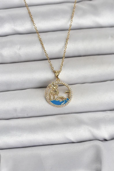 316L Çelik Zincir Gold Renk Zirkon Taşlı Deniz Temalı Kadın Kolye ürün görseli 1