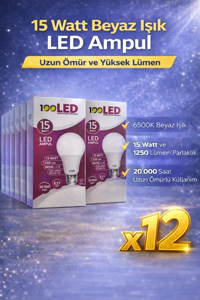 Led Ampul 15 Watt Beyaz Işık 6500K Yüksek Lümen E27 Duy Uzun Ömürlü 12 Adet ürün görseli 1