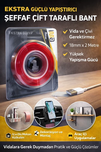 Vhb Akrilik Silikon Bant 18Mm X 2 Metre Şeffaf Çift Taraflı Güçlü Yapıştırıcı Bant ürün görseli 1