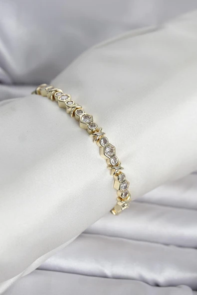 Pirinç Gold Renk Petek Model Zirkon Taşlı Kadın Bileklik ürün görseli 1
