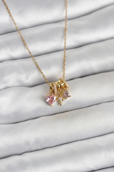 316L Çelik Gold Pembe Zirkon Taşlı Charmlı Kadın Kolye ürün görseli 1