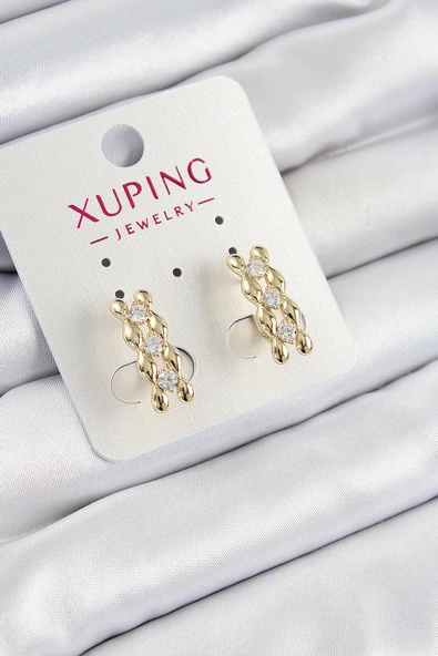 Xuping Zirkon Taşlı Sıralı Damla Model Gold Renk Kadın Küpe ürün görseli 1