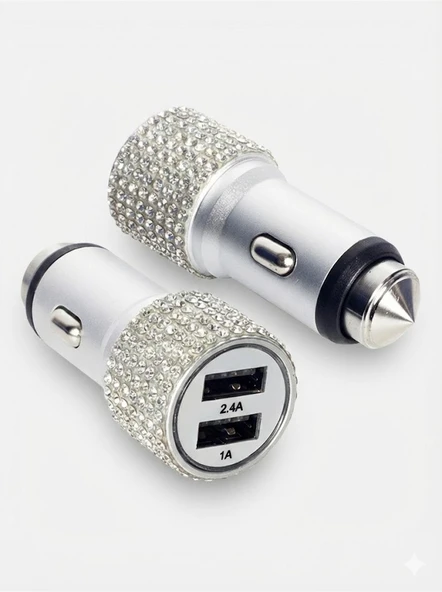 Kristal Taşlı Metal Araç Çakmaklık Şarj Aleti Çift Usb-A Girişli Hızlı Şarj 2.4A 12-24V Gümüş ürün görseli 1