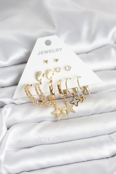 Gold Renk Yıldızlı Set 6 Çift Kadın Küpe Seti ürün görseli 1