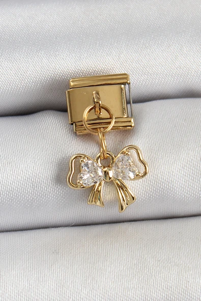 316L Çelik Sallantılı Zirkon Taşlı Fiyonk Model Gold Renk Charm ürün görseli 1