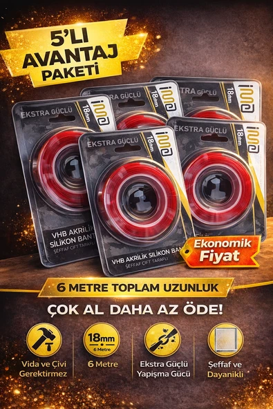 Vhb Akrilik Silikon Bant 18Mm X 2 Metre Şeffaf Çift Taraflı Güçlü Yapıştırıcı Bant 5 Adet ürün görseli 1
