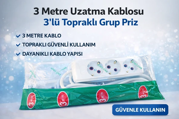 3 Metre Uzatma Kablosu 3’Lü Topraklı Grup Priz 16A Dayanıklı Kablo ürün görseli 1