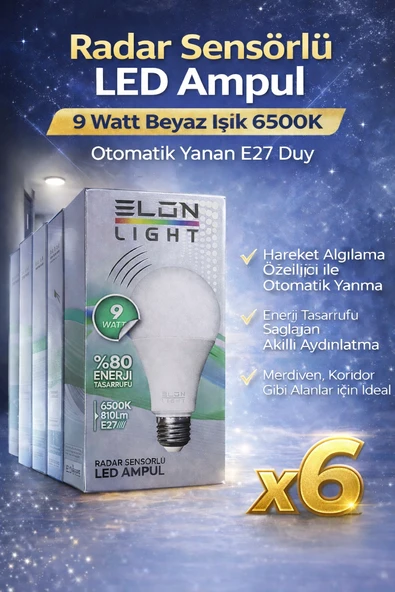 Radar Sensörlü Led Ampul 9 Watt Beyaz Işık 6500K Otomatik Yanan E27 Duy 6 Adet ürün görseli 1