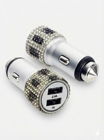 Kristal Taşlı Metal Araç Çakmaklık Şarj Aleti Çift Usb-A Girişli Hızlı Şarj 2.4A 12-24V Leopar ürün görseli 1