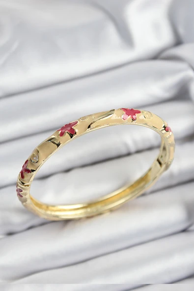 Mineli Pirinç Pembe Krem Çiçek Motifli Gold Renk Kadın Kelepçe ürün görseli 1