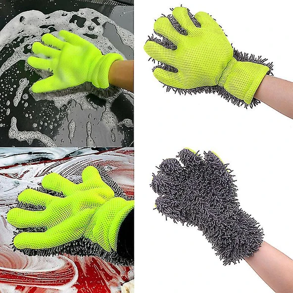 Çift Taraflı Mikrofiber Şönil Tüylü 5 Parmaklı Araba Oto Yıkama Temizlik Eldiveni Yeşil Gri ürün görseli 1