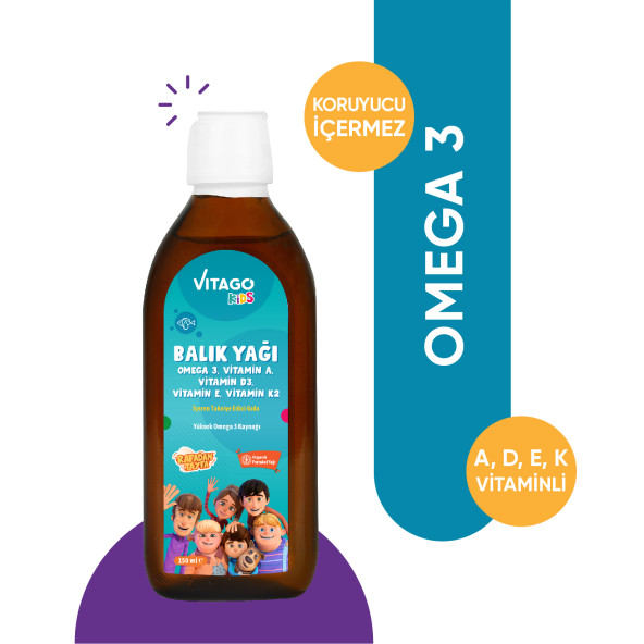Vitago Kids Balık Yağı Omega 3, Vitamin A, D3, E, K2 İçeren Şurup ürün görseli 1