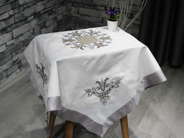 Lale Nakışlı Fiskos Krem Gri 100x100 Cm ürün görseli 1